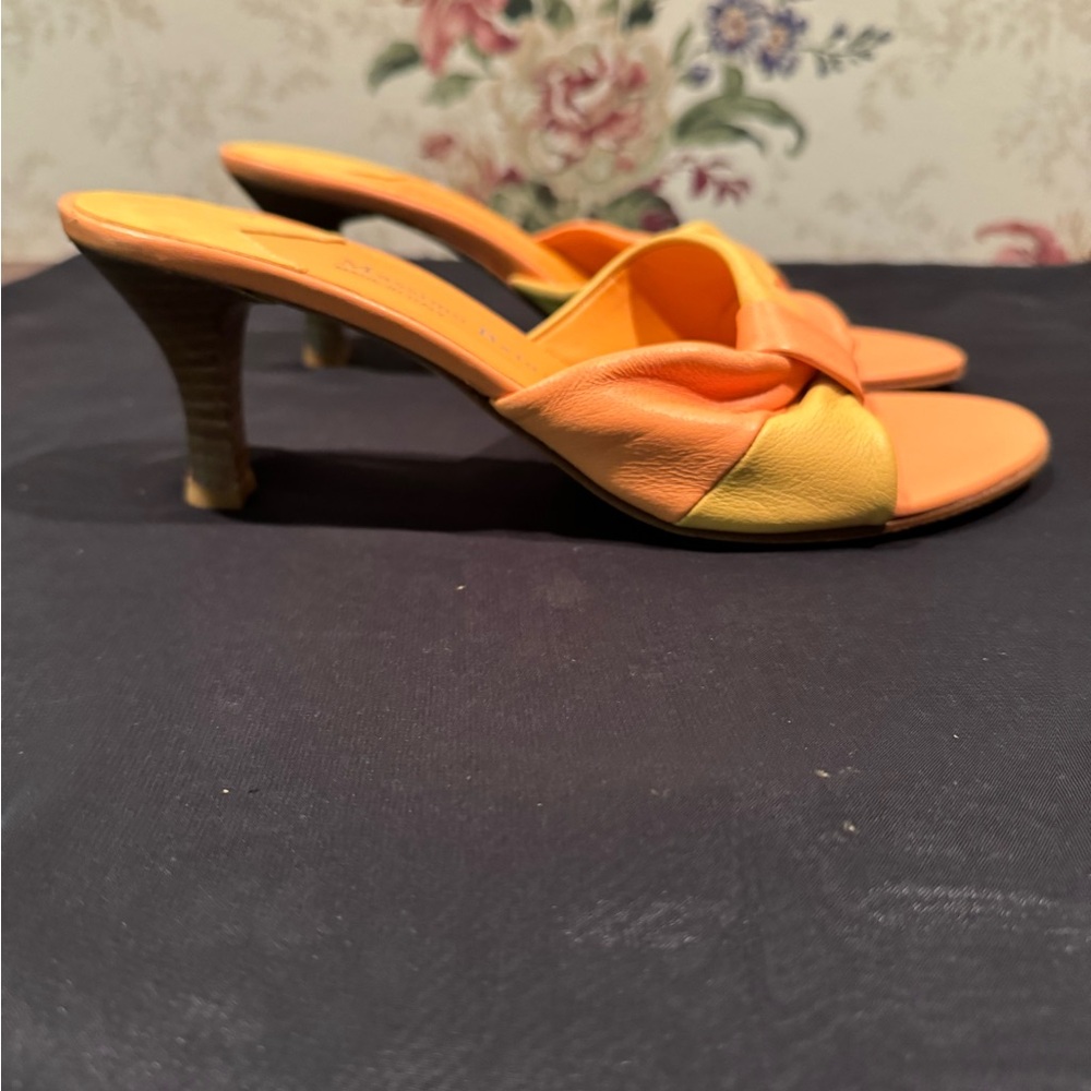Massimo Baldi Italian leather  orange and yellow kitten heel mule sandals. Size8 - Picture 3 of 5